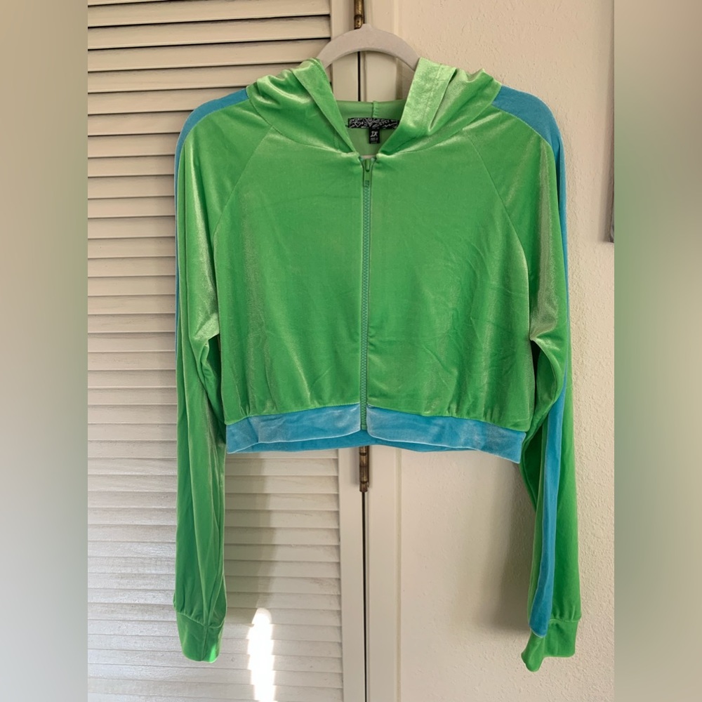 Lime & baby blue velour crop top & track pants hoodie set•new without tag• - Picture 2 of 13
